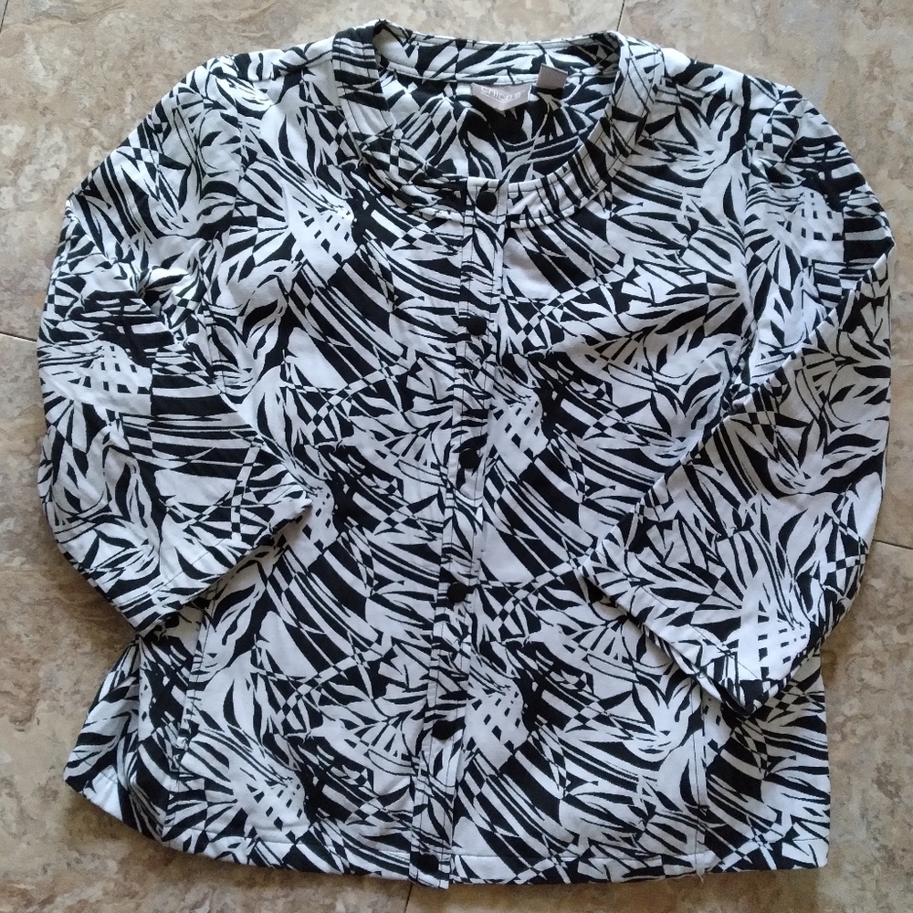 Chico's Black & White Abstract Foliage print blazer, size Chico's 2 (Medium/12)